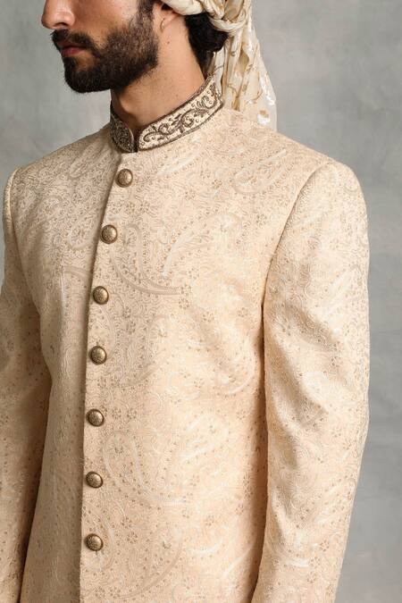 Buy_Gargee Designers_Peach Poly Viscose Embroidered Floral Sherwani Set _Online_at_Aza_Fashions