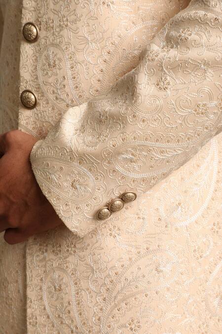 Shop_Gargee Designers_Peach Poly Viscose Embroidered Floral Sherwani Set _Online_at_Aza_Fashions