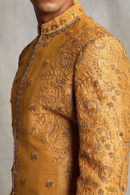 Buy_Gargee Designers_Yellow Raw , Cotton Floral Embroidered Sherwani Set _Online_at_Aza_Fashions