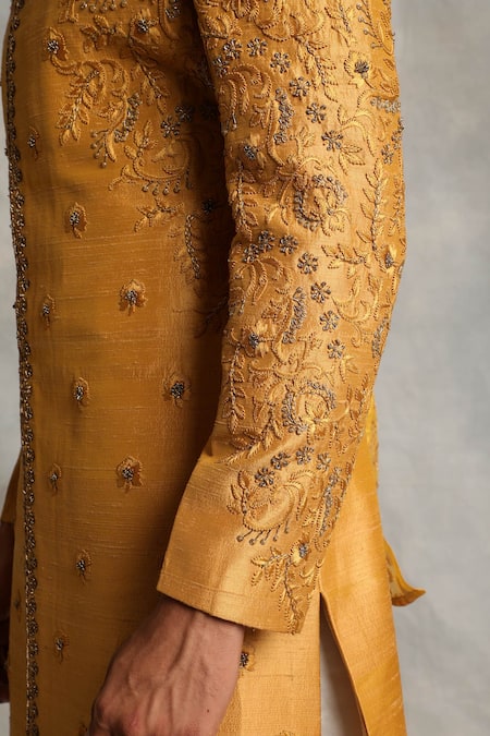 Shop_Gargee Designers_Yellow Raw , Cotton Floral Embroidered Sherwani Set _Online_at_Aza_Fashions