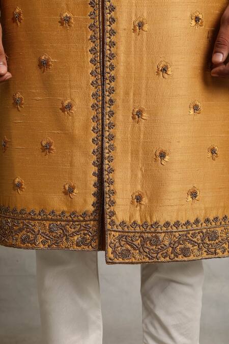 Gargee Designers_Yellow Raw , Cotton Floral Embroidered Sherwani Set _at_Aza_Fashions