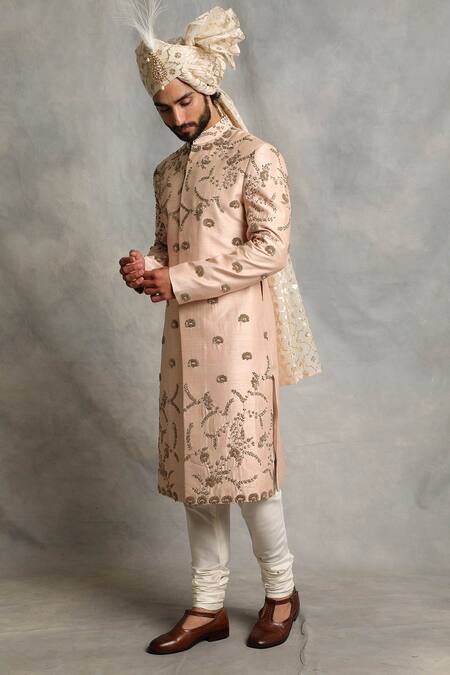 Gargee Designers_Peach Raw , Cotton Floral Embroidered Sherwani Set _Online_at_Aza_Fashions