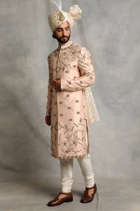 Buy_Gargee Designers_Peach Raw , Cotton Floral Embroidered Sherwani Set _Online_at_Aza_Fashions