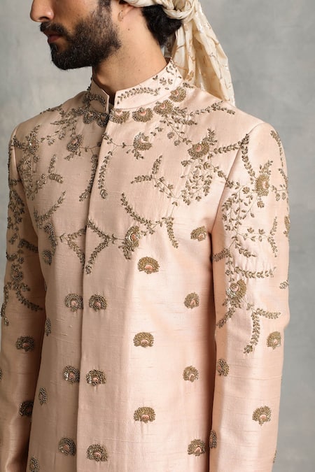 Shop_Gargee Designers_Peach Raw , Cotton Floral Embroidered Sherwani Set _Online_at_Aza_Fashions
