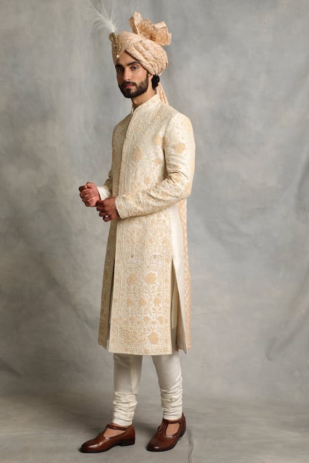 Gargee Designers_White Raw , Cotton Floral Embroidered Sherwani Set _Online_at_Aza_Fashions