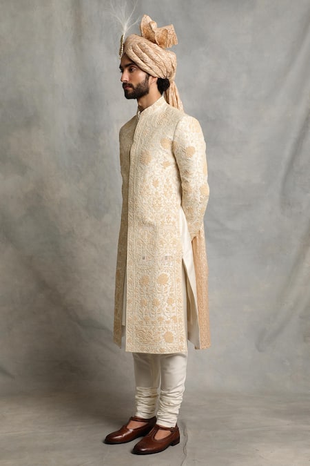 Buy_Gargee Designers_White Raw , Cotton Floral Embroidered Sherwani Set _Online_at_Aza_Fashions