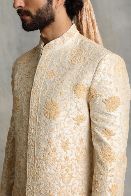 Shop_Gargee Designers_White Raw , Cotton Floral Embroidered Sherwani Set _Online_at_Aza_Fashions