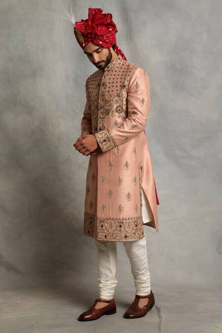 Gargee Designers_Peach Raw , Cotton Floral Embroidered Sherwani Set _Online_at_Aza_Fashions