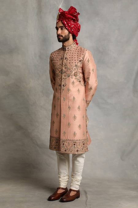 Buy_Gargee Designers_Peach Raw , Cotton Floral Embroidered Sherwani Set _Online_at_Aza_Fashions