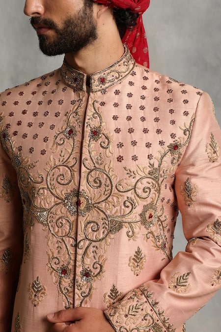 Shop_Gargee Designers_Peach Raw , Cotton Floral Embroidered Sherwani Set _Online_at_Aza_Fashions