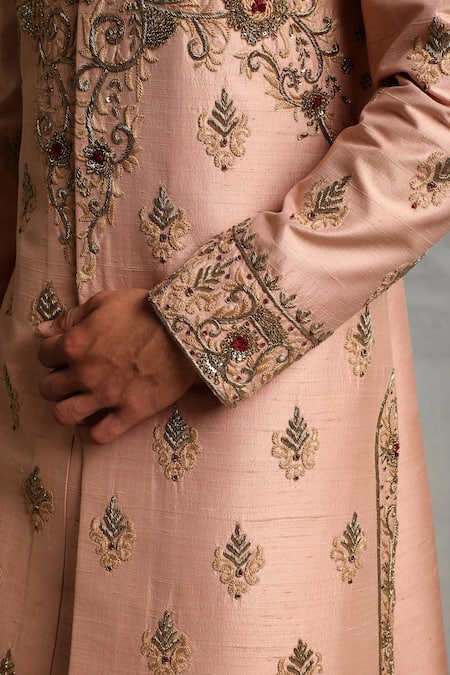 Gargee Designers_Peach Raw , Cotton Floral Embroidered Sherwani Set _at_Aza_Fashions