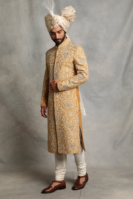 Gargee Designers_Yellow Raw , Cotton Floral Embroidered Sherwani Set _Online_at_Aza_Fashions
