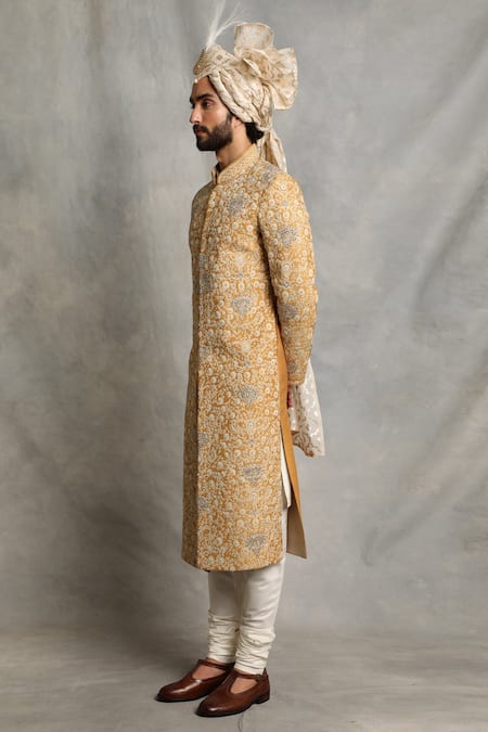 Buy_Gargee Designers_Yellow Raw , Cotton Floral Embroidered Sherwani Set _Online_at_Aza_Fashions