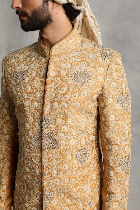 Shop_Gargee Designers_Yellow Raw , Cotton Floral Embroidered Sherwani Set _Online_at_Aza_Fashions