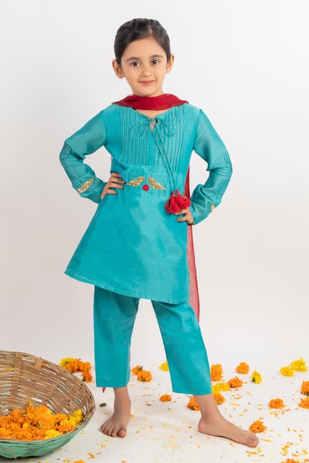 MR Brat Blue Chanderi, Cotton, Georgette Tassels, Embroidery Pintuck Kurta Set