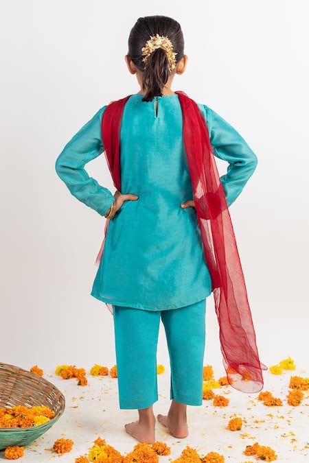 Shop MR Brat Blue Chanderi, Cotton, Georgette Tassels, Embroidery Pintuck Kurta Set at Aza Fashions Shop_MR Brat_Blue Chanderi, Cotton, Georgette Tassels, Embroidery Pintuck Kurta Set _at_Aza_Fashions