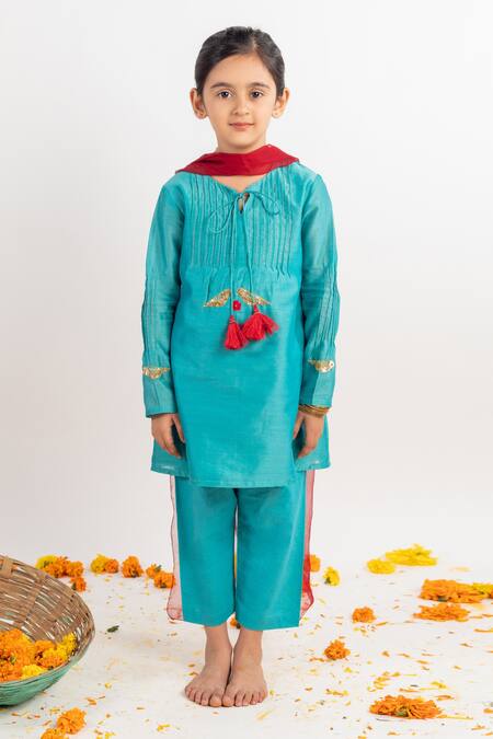 MR Brat Blue Chanderi, Cotton, Georgette Tassels, Embroidery Pintuck Kurta Set Online at Aza Fashions MR Brat_Blue Chanderi, Cotton, Georgette Tassels, Embroidery Pintuck Kurta Set _Online_at_Aza_Fashions
