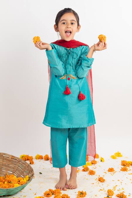 Buy MR Brat Blue Chanderi, Cotton, Georgette Tassels, Embroidery Pintuck Kurta Set Online at Aza Fashions Buy_MR Brat_Blue Chanderi, Cotton, Georgette Tassels, Embroidery Pintuck Kurta Set _Online_at_Aza_Fashions