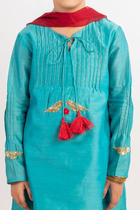Shop MR Brat Blue Chanderi, Cotton, Georgette Tassels, Embroidery Pintuck Kurta Set Online at Aza Fashions Shop_MR Brat_Blue Chanderi, Cotton, Georgette Tassels, Embroidery Pintuck Kurta Set _Online_at_Aza_Fashions