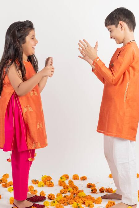 Buy MR Brat Orange Cotton, Chanderi Silk Tassels, Embroidery Kurta Set Online at Aza Fashions Buy_MR Brat_Orange Cotton, Chanderi Silk Tassels, Embroidery Kurta Set _Online_at_Aza_Fashions