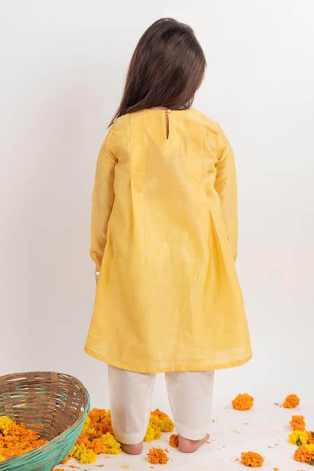 Shop MR Brat Yellow Chanderi, Cotton Embroidery Pleated Kurta Set at Aza Fashions Shop_MR Brat_Yellow Chanderi, Cotton Embroidery Pleated Kurta Set _at_Aza_Fashions