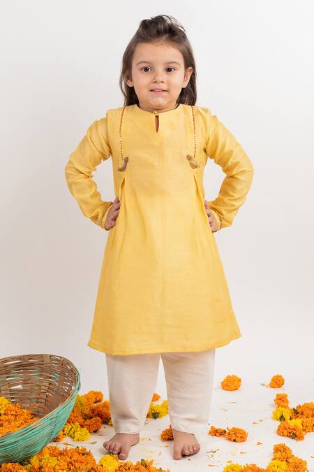 Shop MR Brat Yellow Chanderi, Cotton Embroidery Pleated Kurta Set Online at Aza Fashions Shop_MR Brat_Yellow Chanderi, Cotton Embroidery Pleated Kurta Set _Online_at_Aza_Fashions