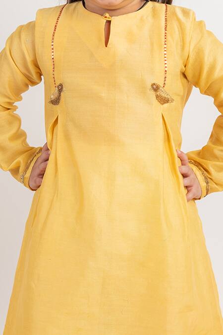 MR Brat Yellow Chanderi, Cotton Embroidery Pleated Kurta Set at Aza Fashions MR Brat_Yellow Chanderi, Cotton Embroidery Pleated Kurta Set _at_Aza_Fashions