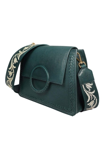 The Leather Garden_Green Embroidered Flap Sling Bag _Online_at_Aza_Fashions