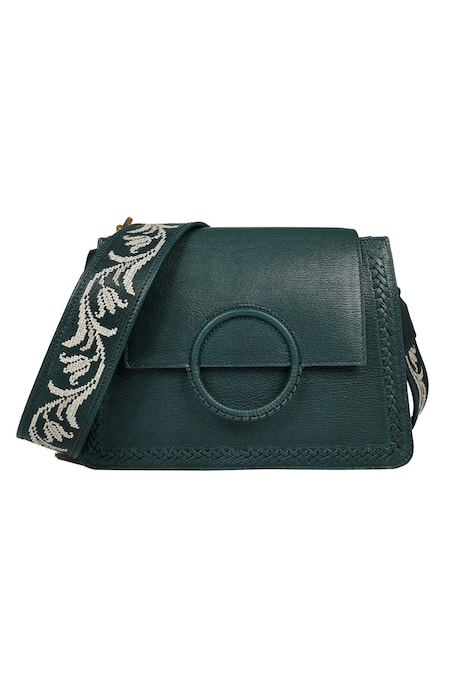Buy_The Leather Garden_Green Embroidered Flap Sling Bag _Online_at_Aza_Fashions