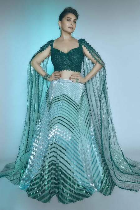 Amit Aggarwal Green Tulle V Neck Metallic Draped Blouse And Lehenga Set  