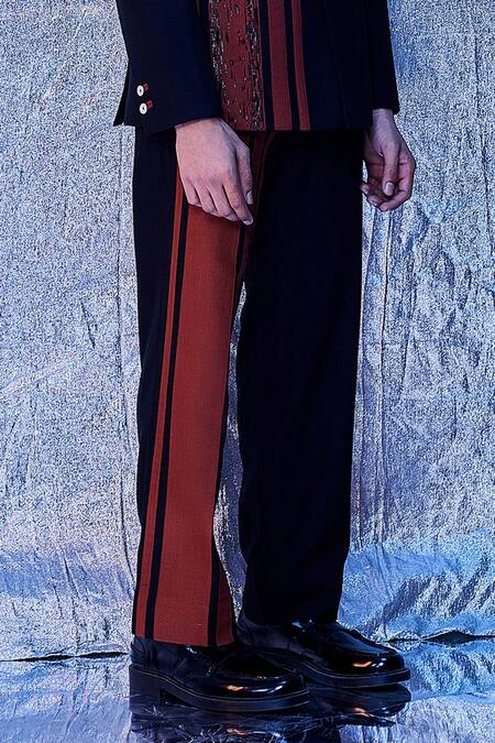 Buy_Line Out Line_Black Cotton Solid Paneled Trouser_Online_at_Aza_Fashions