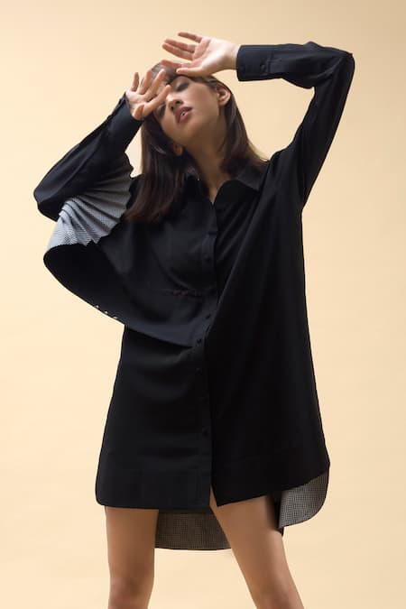 Chillosophy Black European Crepe Straight Collar Short Shirt Dress 