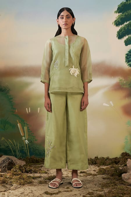 Febo6 Green Silk Organza Wildflower Round Placement Embroidered Tunic 