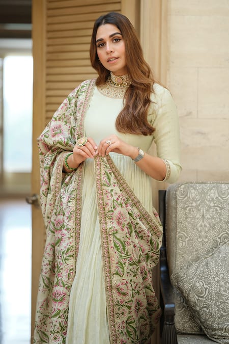 Buy_Punit Balana_Green Silk Chanderi Round Anarkali Set _Online_at_Aza_Fashions