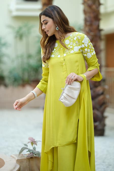 Buy_Itara_Green Boat Draped Kurta And Palazzo Set_Online_at_Aza_Fashions