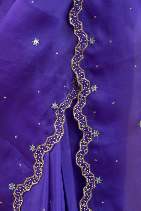 Buy_Pita Nila_Purple Satin, , Organza Beads, Soha Cutwork Bordered Saree With Blouse _Online_at_Aza_Fashions