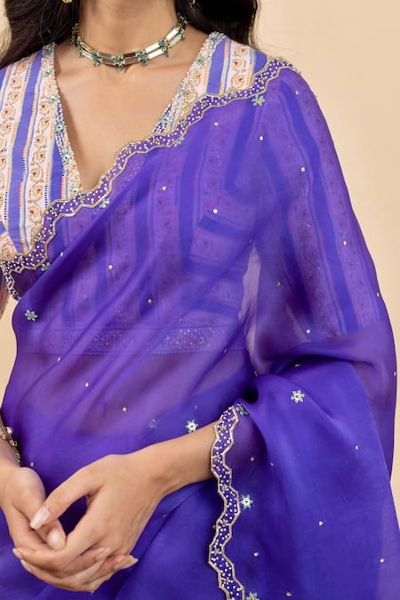 Shop_Pita Nila_Purple Satin, , Organza Beads, Soha Cutwork Bordered Saree With Blouse _Online_at_Aza_Fashions