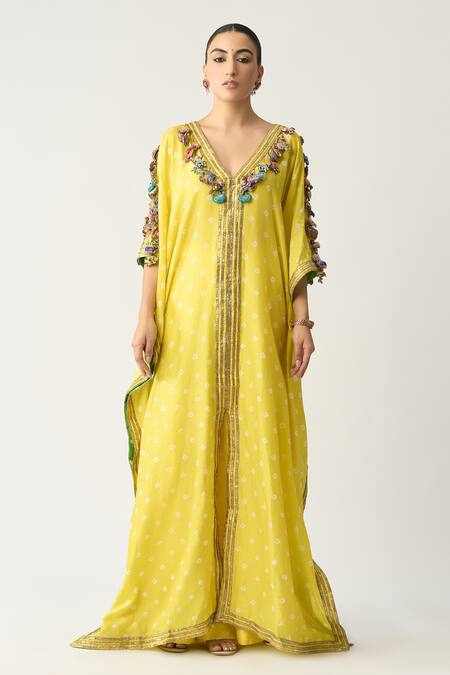 Itrh Yellow Silk Chanderi Bandhani Plunge V Neck Babita Kaftan And Pant Set