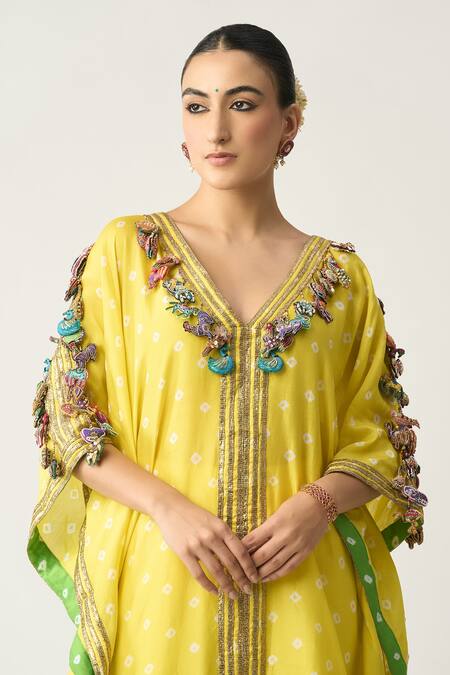 Itrh_Yellow Silk Chanderi Bandhani Plunge V Neck Babita Kaftan And Pant Set_Online_at_Aza_Fashions