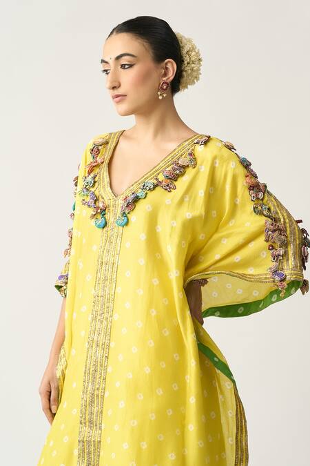 Buy_Itrh_Yellow Silk Chanderi Bandhani Plunge V Neck Babita Kaftan And Pant Set_Online_at_Aza_Fashions