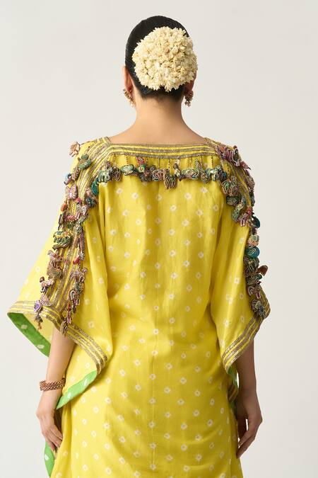 Shop_Itrh_Yellow Silk Chanderi Bandhani Plunge V Neck Babita Kaftan And Pant Set_Online_at_Aza_Fashions