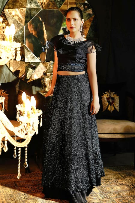 Tasuvure Indes Blue Organza, Pleated Polyester Boat Ruffle Blouse And Embroidered Lehenga Set Online at Aza Fashions Tasuvure Indes_Blue Organza, Pleated Polyester Boat Ruffle Blouse And Embroidered Lehenga Set _Online_at_Aza_Fashions