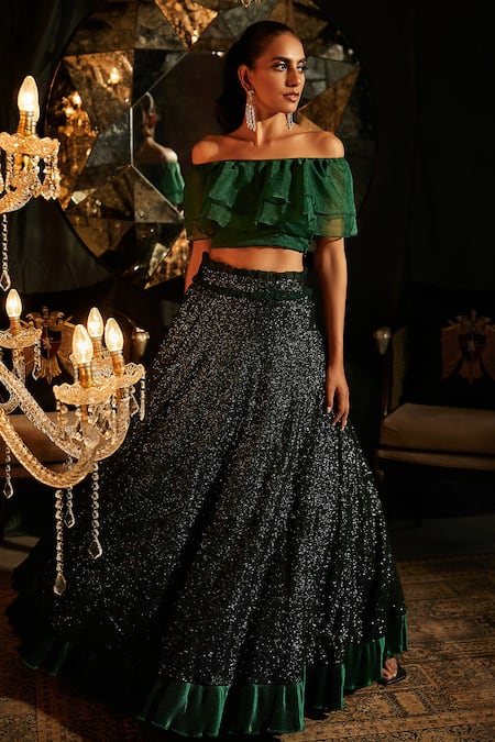 Shop Tasuvure Indes Green Organza, Pleated Polyester One Off Blouse And Embroidered Lehenga Set at Aza Fashions Shop_Tasuvure Indes_Green Organza, Pleated Polyester One Off Blouse And Embroidered Lehenga Set _at_Aza_Fashions