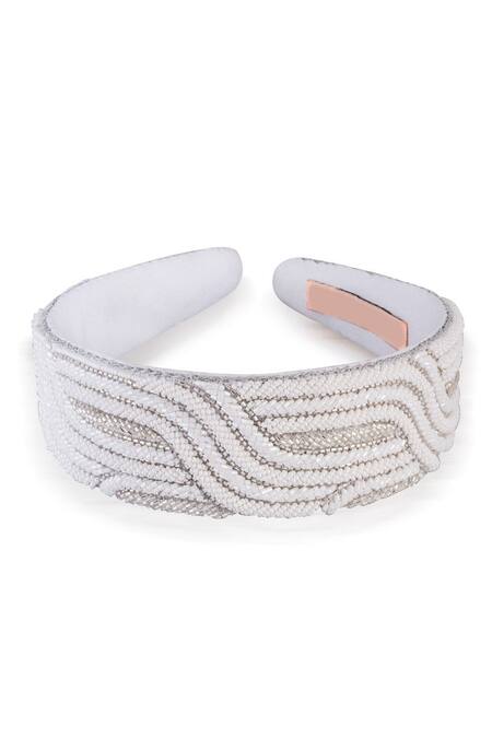 Hair Drama CO_White Cutdana And Beads Geometric Embellished Headband _at_Aza_Fashions