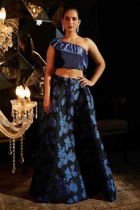 Shop Tasuvure Indes Blue Pleated Polyester One Shoulder Blouse And Printed Lehenga Set at Aza Fashions Shop_Tasuvure Indes_Blue Pleated Polyester One Shoulder Blouse And Printed Lehenga Set _at_Aza_Fashions