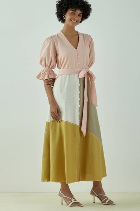 Shop Madder Much Multi Color Cotton Plain V Neck Gigi Colorblock Dress at Aza Fashions Shop_Madder Much_Multi Color Cotton Plain V Neck Gigi Colorblock Dress _at_Aza_Fashions