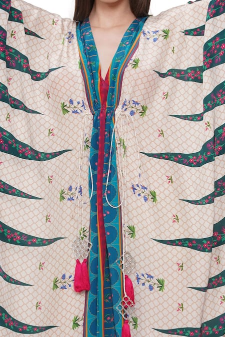 Limerick By Abirr N' Nanki_Off White Crepe Moroccan And Floral Print V Neck Gili Bi Kaftan _at_Aza_Fashions