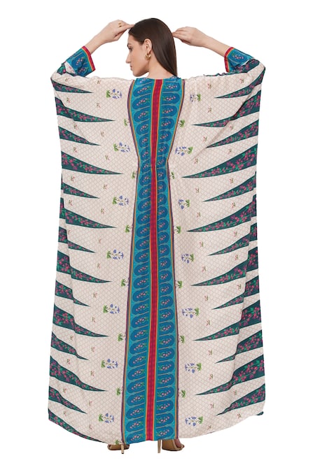 Shop_Limerick By Abirr N' Nanki_Off White Crepe Moroccan And Floral Print V Neck Gili Bi Kaftan _at_Aza_Fashions