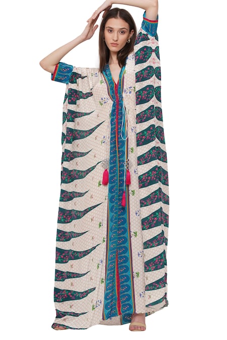 Limerick By Abirr N' Nanki_Off White Crepe Moroccan And Floral Print V Neck Gili Bi Kaftan _Online_at_Aza_Fashions
