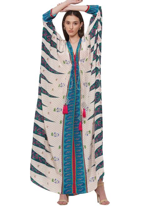 Buy_Limerick By Abirr N' Nanki_Off White Crepe Moroccan And Floral Print V Neck Gili Bi Kaftan _Online_at_Aza_Fashions